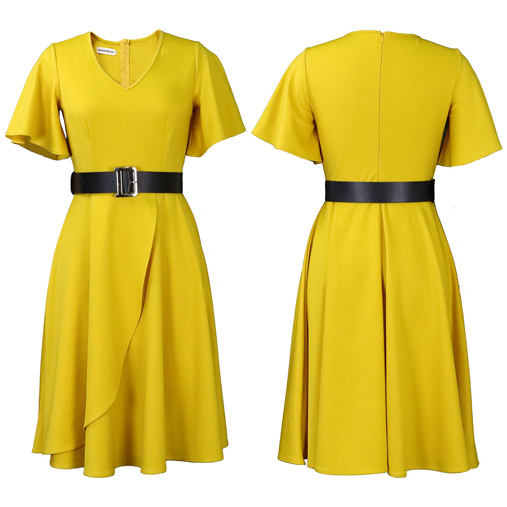 "Nyota wa Afrika" Free shipping Belt new women's flare sleeve solid color plus size dress - Image 2