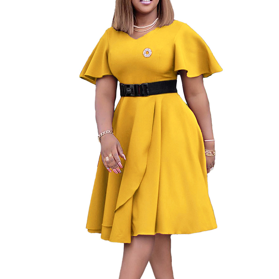 "Nyota wa Afrika" Free shipping Belt new women's flare sleeve solid color plus size dress - Image 3