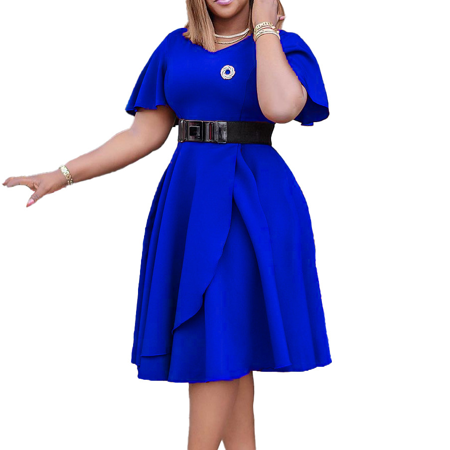 "Nyota wa Afrika" Free shipping Belt new women's flare sleeve solid color plus size dress