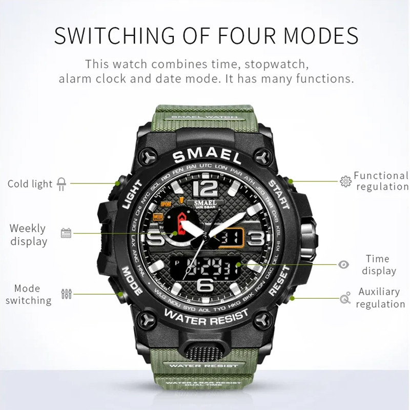 SMAEL 1545D Time Calendar Alarm Clock Nightlight Waterproof Watch Outdoor Mountaineering Electronic Trend Men's Watch