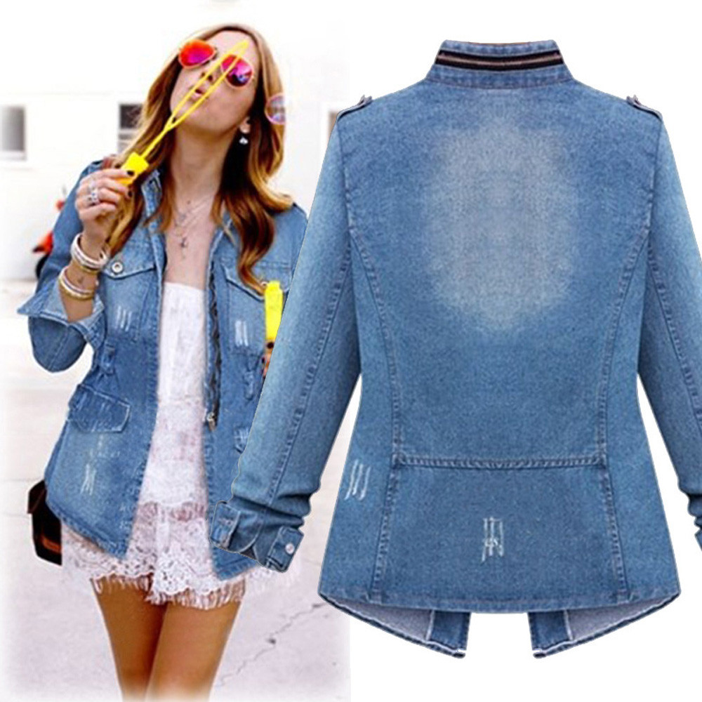 Denim Jacket Womens Casual Solid Casual Oversize Autumn Ladies Slim Jeans Chain Jacket Pocket Coat