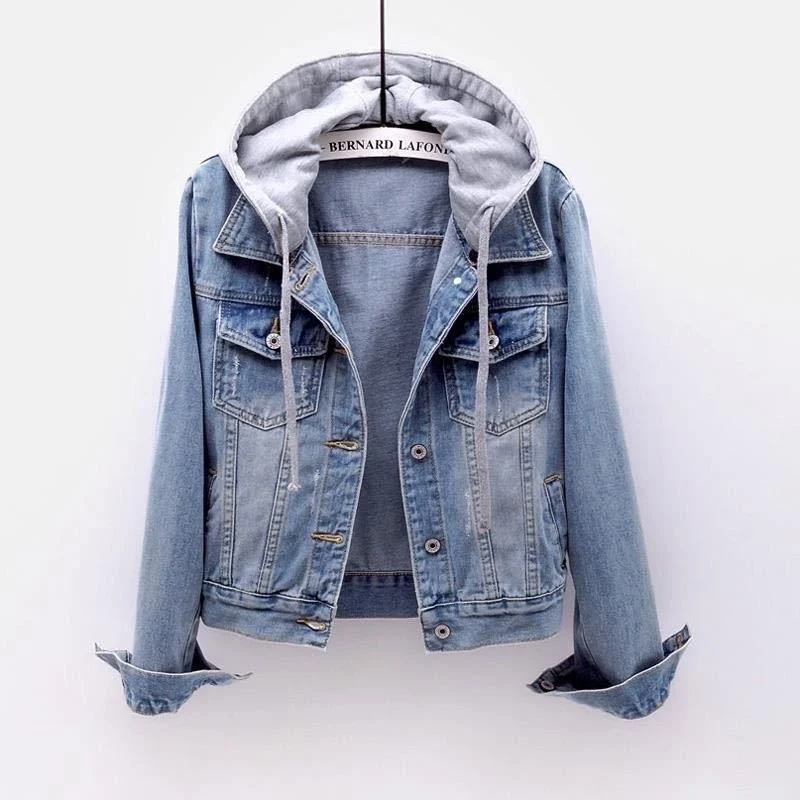 Woman Denim Jacket Hooded Short Style Clothing Autumn Winter Retro Overcoat Pocket Buttons Long Sleeved Warm Tops Loose Fitting