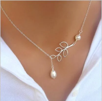 Fashion Pearl Pendant Necklace Fashion Leaf Imitation Pearls Drops Cross Necklace For Women Jewelry Gift Party