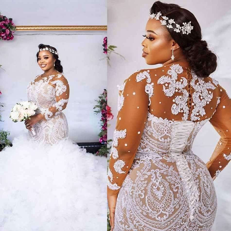 African Mermaid Wedding Dress Lace Long Sleeve Sheer Neck Women's Dress Long Tail Bridal Wedding Dress Custom Made