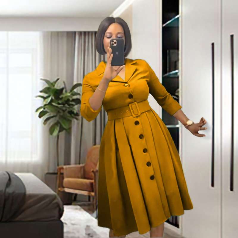 Solid color small V-neck simple lapel A-line dress with belt Europe, America and Africa plus siz