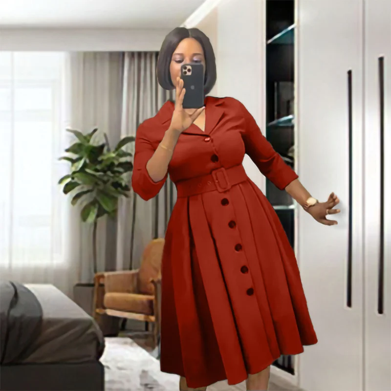 Solid color small V-neck simple lapel A-line dress with belt Europe, America and Africa plus size 19