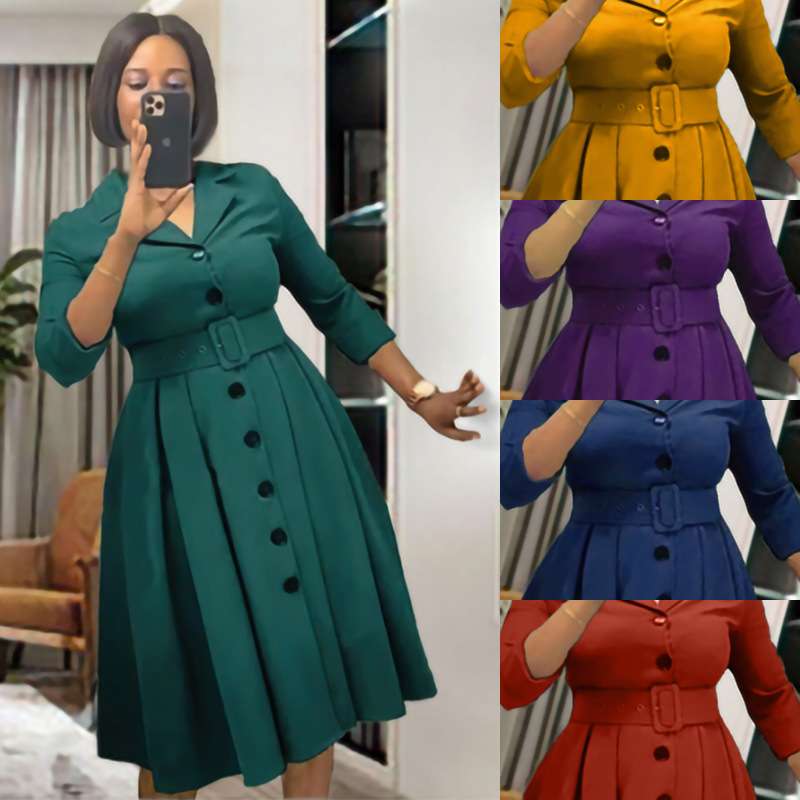 Solid color small V-neck simple lapel A-line dress with belt Europe, America and Africa plus size