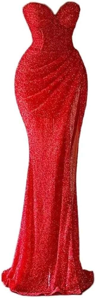 Sequin Sweetheart Mermaid Prom Dresses Long Strapless Sexy Slit Formal Evening Party Gowns with Train 2023 (Red Color)