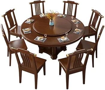 Solid Wooden Dining Table | Round Dining Table | Round Table with Rotation Serving for Living Room, Dining Room, Kitchen & Home, Wallnut Finish, (150 x 150 x 74.93 CM)
