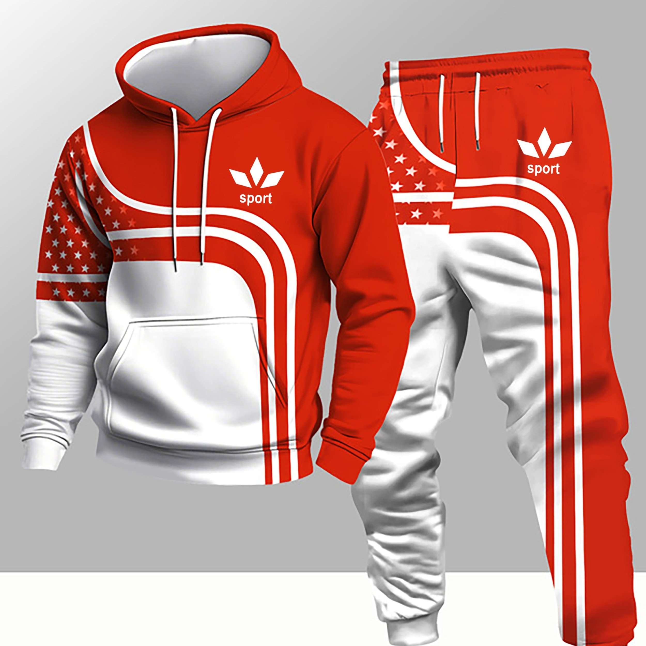 Casual Fashion tracksuit set features a patriotic , and star-patterned design with "sport" branding (White &Red)